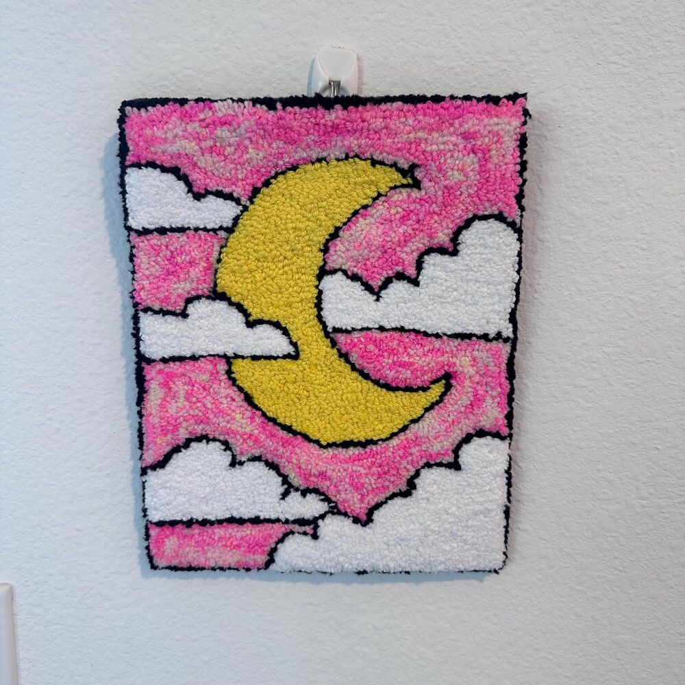 Pink Half Moon Clouds Punch Needle Wall Art 7x9 Inches Decorative for Home Decor